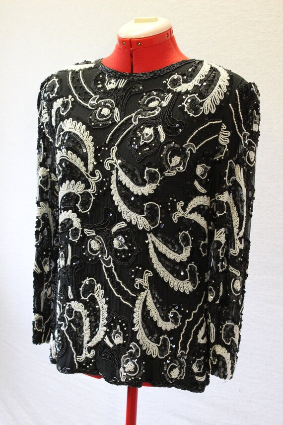 Black & White Vintage Sequin/Beaded Women's Blouse