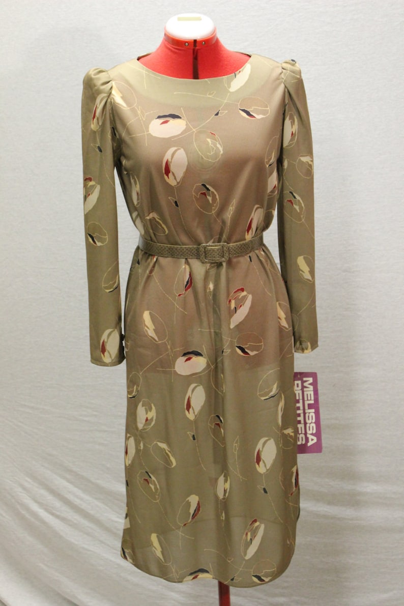 Vintage 1970/'s NOS Long Sleeved Dress Size M W-BeltCalf LengthAbstract Floral PrintTags still onPolyesterSpringCareerEventWorkFall