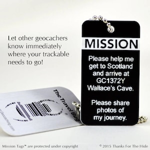 Geocaching Mission Tag™, Instructions, Mega Event, Weatherproof, UV Resistant, Trackable Information, Custom, Travel Bug, Geocache