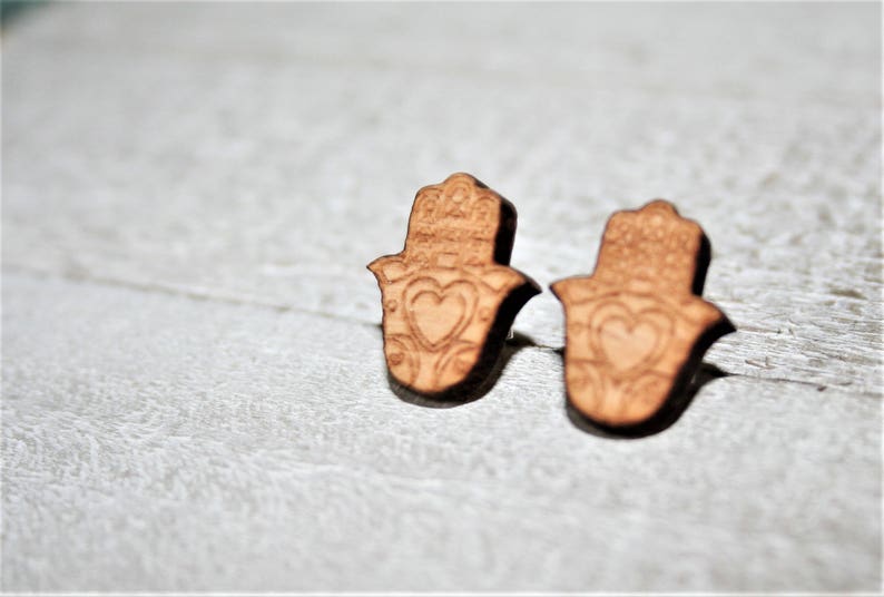 stainless steel nails woman child gift party laser engraved Hamsa Cut Wooden Protective Hands earrings