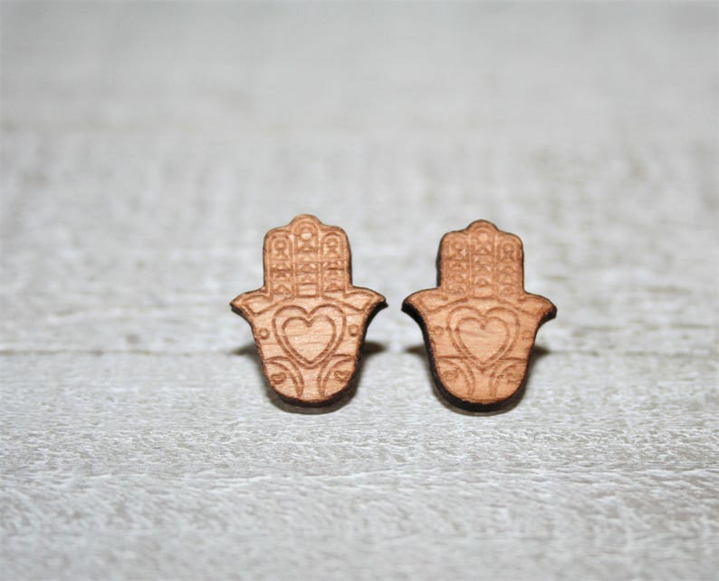 stainless steel nails woman child gift party laser engraved Hamsa Cut Wooden Protective Hands earrings