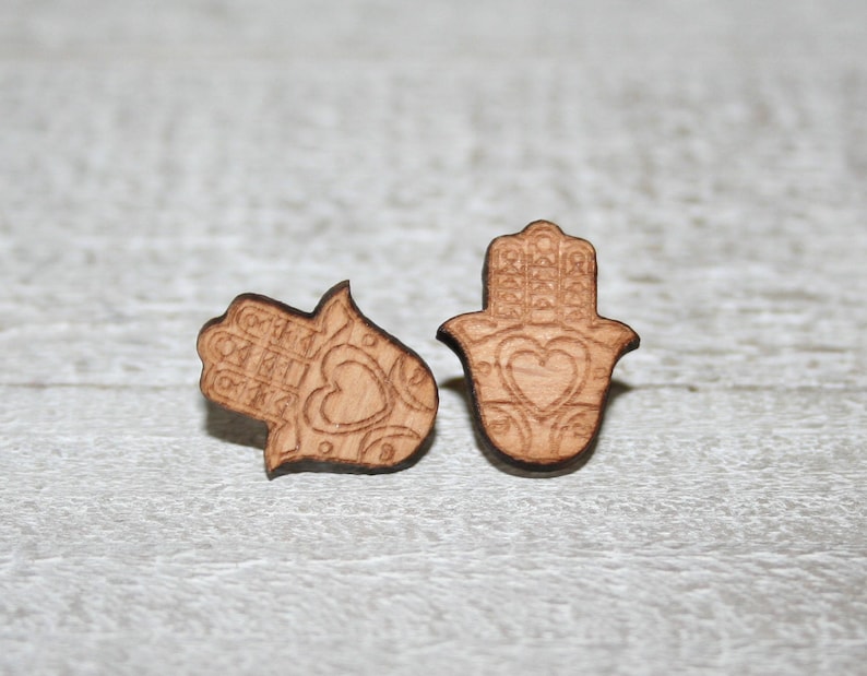stainless steel nails woman child gift party laser engraved Hamsa Cut Wooden Protective Hands earrings