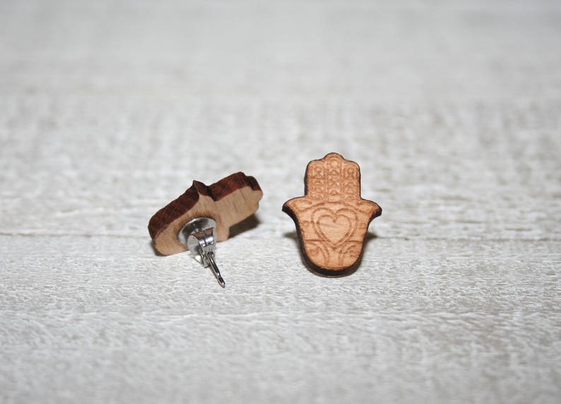 stainless steel nails woman child gift party laser engraved Hamsa Cut Wooden Protective Hands earrings
