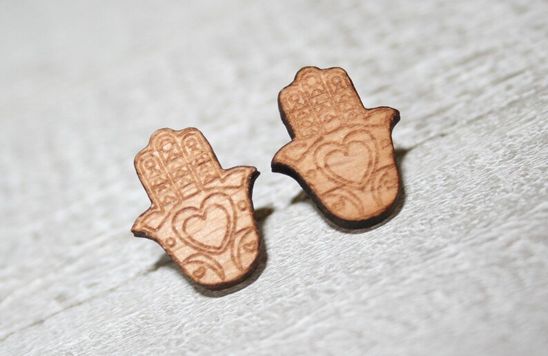 stainless steel nails woman child gift party laser engraved Hamsa Cut Wooden Protective Hands earrings