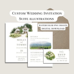 Custom Watercolor Wedding Invitation Suite - Wedding Venue, Wedding Details, Wedding Art