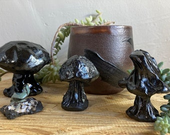 Ready to Ship! Black Mushrooms, ceramic mushroom, Aquarium decor, figurine, fairy garden decor, stoneware mushroom, shiny mushroom, clay