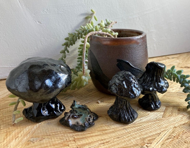 Ready to Ship Black Mushrooms, ceramic mushroom, Aquarium decor, figurine, fairy garden decor, stoneware mushroom, shiny mushroom, clay image 8