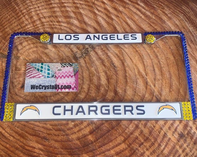 Los Angeles Chargers Football License Crystal Sport Silver Frame Sparkle Auto Bling Rhinestone Plate Frame with Swarovski Elements