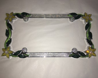 Yellow Daisy Flower hibiscus Flower Crystal Sparkle Auto Bling Rhinestone  License Plate Frame with Swarovski Elements Made by WeCrystalIt