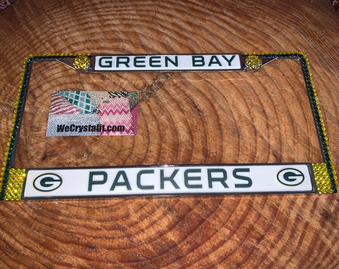 Green Bay Packers License Crystal Sport Silver Frame Sparkle Auto Bling Rhinestone Plate Frame with Swarovski Elements Made by WeCrystalit