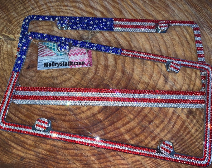 American Flag Crystal Sparkle Auto Bling Rhinestone License Plate Frame with Swarovski Elements Made by WeCrystalIt