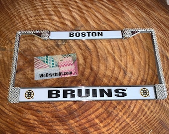 Boston Bruins License Clear Hockey Sport Silver Frame Sparkle Auto Bling Rhinestone Plate Frame with Swarovski Elements Made by WeCrysta