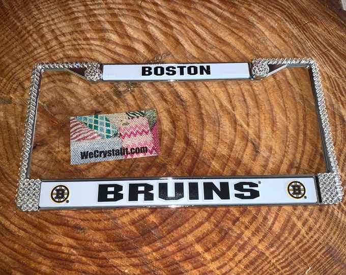 Boston Bruins License Clear Hockey Sport Silver Frame Sparkle Auto Bling Rhinestone Plate Frame with Swarovski Elements Made by WeCrysta