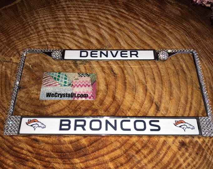 Denver Broncos Football License Clear Crystal Sport Silver Frame Sparkle Auto Bling Rhinestone Plate Frame with Swarovski Elements Made by W