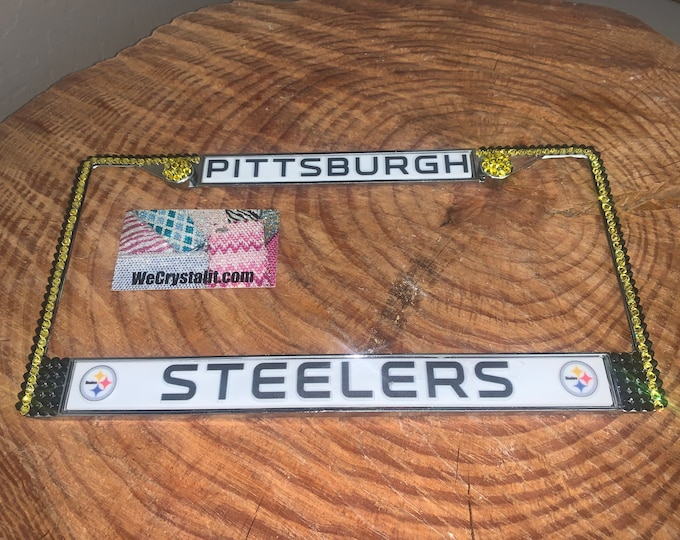 Pittsburgh Steelers License Crystal Sport on Silver Frame Sparkle Auto Bling Rhinestone Plate Frame with Swarovski Element by WeCrystalIt