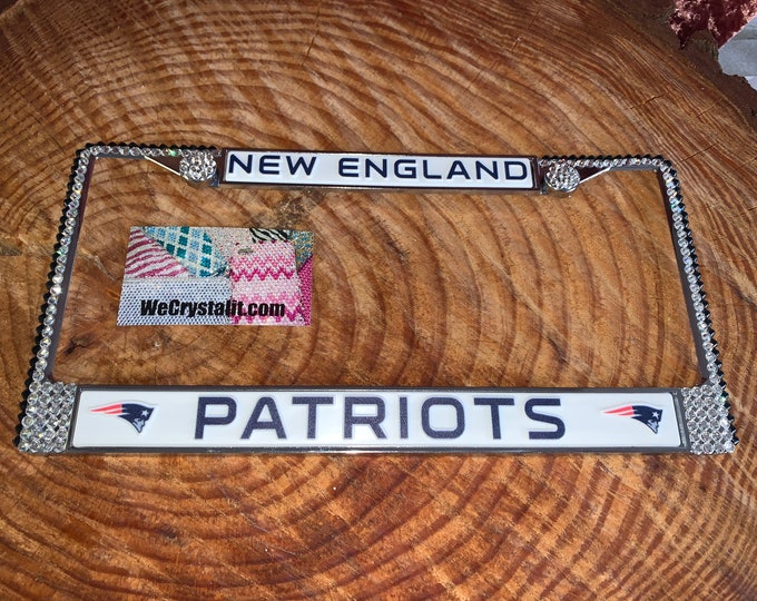 New England Patriots License Crystal Sport Silver Frame Sparkle Auto Bling Rhinestone Plate Frame with Swarovski Elements Made by WeCrystal