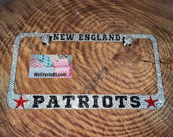 New England Patriots Jet Black Letters Crystal Sparkle Auto Bling Rhinestone  License Plate Frame with Swarovski Elements Made by WeCrystal