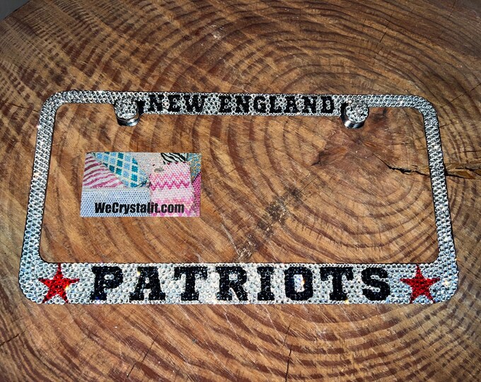 New England Patriots Jet Black Letters Crystal Sparkle Auto Bling Rhinestone  License Plate Frame with Swarovski Elements Made by WeCrystal