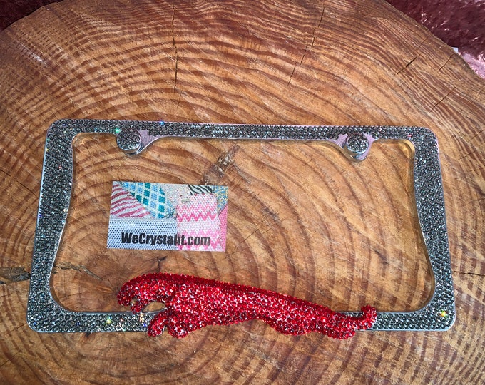 Jaguar Crystal Gray & Red Sparkle Auto Bling Rhinestone  License Plate Frame with Swarovski Elements Made by WeCrystalIt