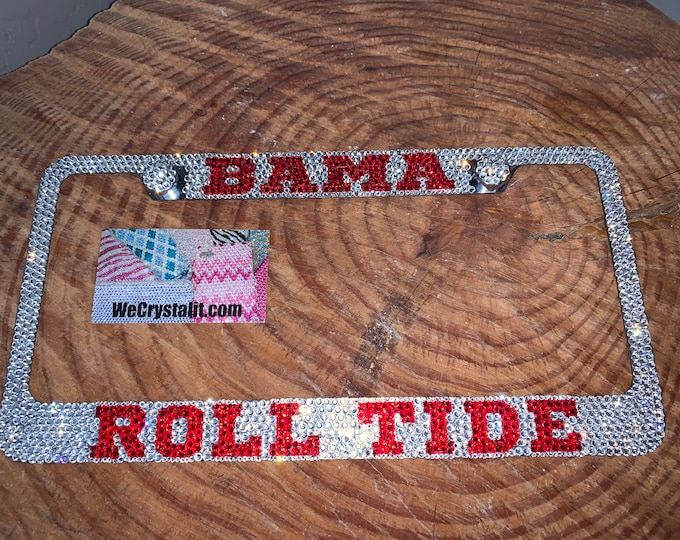 Bama Roll Tide Lt Red Football License Crystal Sport Frame Sparkle Auto Bling Rhinestone Plate Frame with Swarovski Elements Made by WeCryst