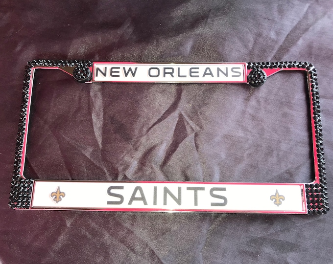 Saints License Gold and Black Crystal New Orleans Football  Frame Sparkle Auto Bling Rhinestone Plate Frame with Swarovski Elements Made by