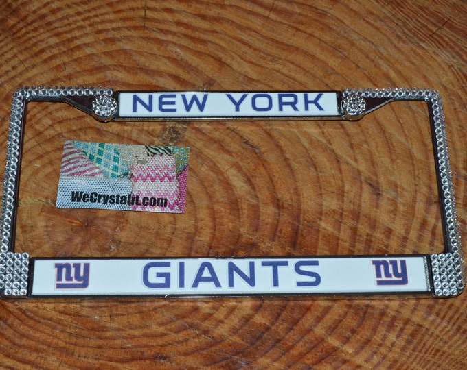 New York Giants License Crystal Sport on Silver Frame Sparkle Auto Bling Rhinestone Plate Frame with Swarovski Elements