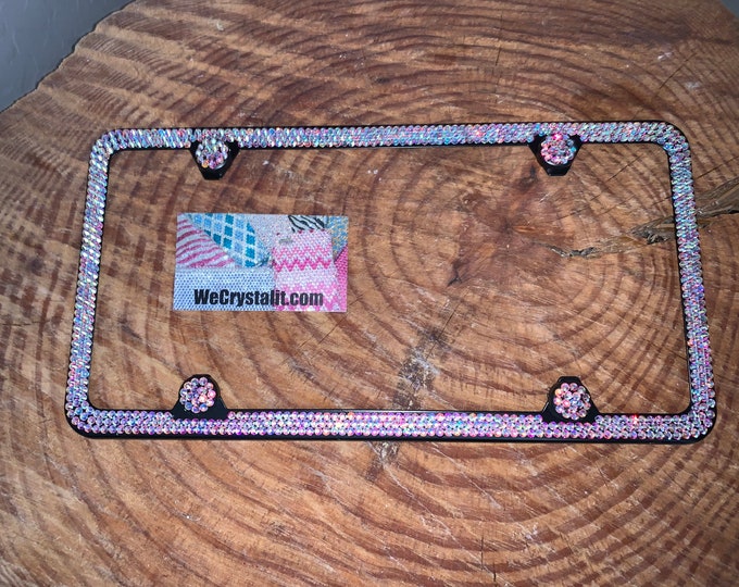 AB on Black Frame 3 Row Crystal Sparkle Auto Bling Rhinestone License Plate Frame with Swarovski Elements Made by WeCrystalIt