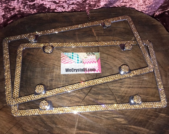 Set 2 Gold on Silver Frame 3 Row Crystal Sparkle Auto Bling Rhinestone License Plate Frame with Swarovski Elements Made by WeCrystalIt