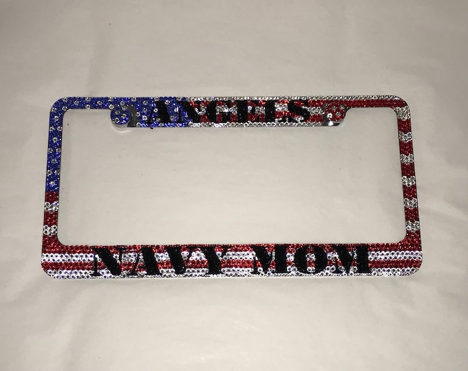 American Flag Navy Mom Crystal Sparkle Auto Bling Rhinestone License Plate Frame with Swarovski Elements Made by WeCrystalIt