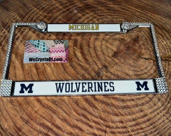 Michigan Wolverines Sport on Silver Frame Crystal Sparkle Auto Bling Rhinestone License Plate Frame with Swarovski Elements by WeCrys