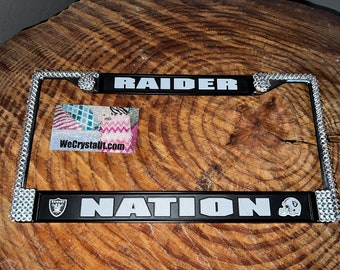 Las Vegas Raiders Nation License Jet Black Crystal Sport  Frame Sparkle Auto Bling Rhinestone Plate Frame with Swarovski Crystals  by Wecrys