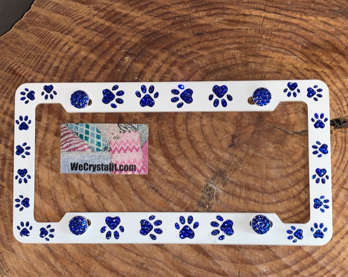 Dog Puppy Paws blue Crystal Sparkle Auto Bling Rhinestone License Plate Frame with Swarovski Elements Made by WeCrystalIt