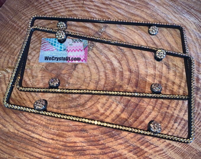 Set 2 Gold Topaz Black Frame 1 Row Crystal Sparkle Auto Bling Rhinestone License Plate Frame with Swarovski Elements Made by WeCrystalIt