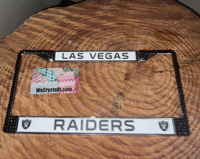 Las Vegas Raiders License Jet Black Crystal Sport Silver Frame Sparkle Auto Bling Rhinestone Plate Frame with Swarovski Elements Made by WeC