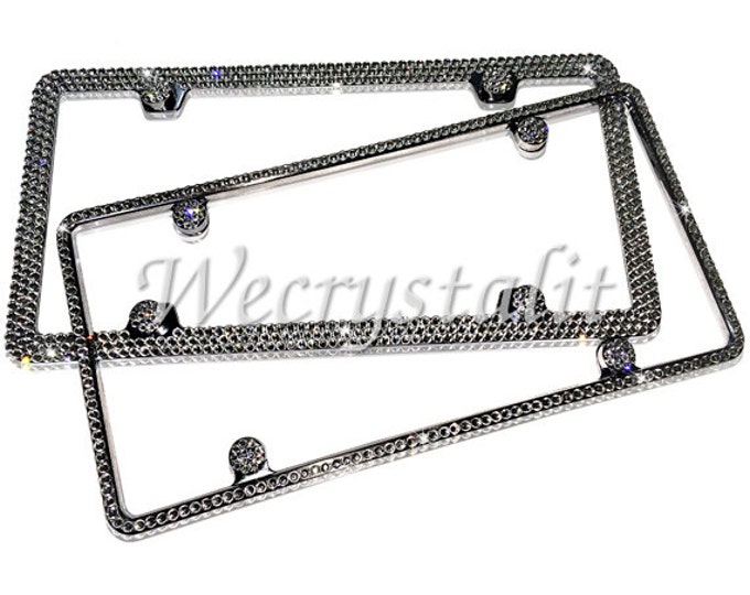 Set 2  Clear on Silver Frame 1 & 3 Row Crystal Sparkle Auto Bling Rhinestone License Plate Frame with Swarovski Elements Made by WeCrystalIt