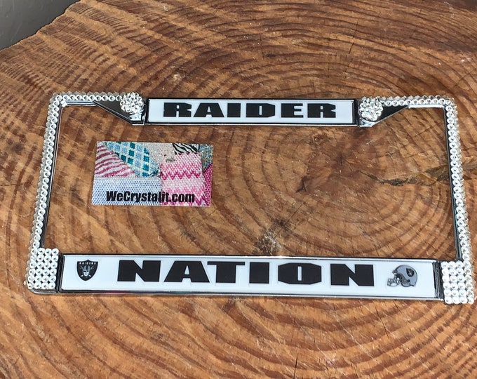 Raiders Nation License Crystal Sport Silver Frame Sparkle Auto Bling Rhinestone Plate Frame with Swarovski Elements Made by WeCrystalit