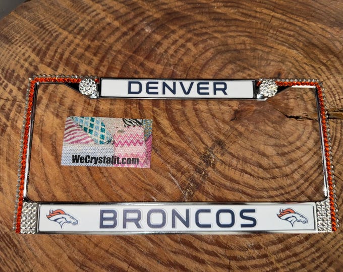 Denver Broncos orange Football License Crystal Sport Silver Frame Sparkle Auto Bling Rhinestone Plate Frame with Swarovski Elements Made by
