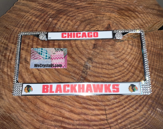 Chicago Blackhawks License Crystal Sport Silver Frame Sparkle Auto Bling Rhinestone Plate Frame with Swarovski Elements Made by WeCrystalit