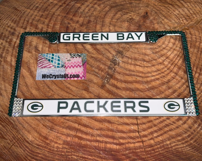 PACKERS Green Bay  License Crystal  Sport Silver Frame Sparkle Auto Bling Rhinestone Plate Frame with Swarovski Elements Made by WeCrystalIt