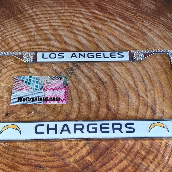 Los Angeles Chargers Football License Crystal Sport Silver Frame Sparkle Auto Bling Rhinestone Plate Frame with Swarovski Elements