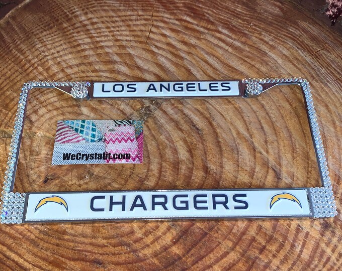 Los Angeles Chargers Football License Crystal Sport Silver Frame Sparkle Auto Bling Rhinestone Plate Frame with Swarovski Elements