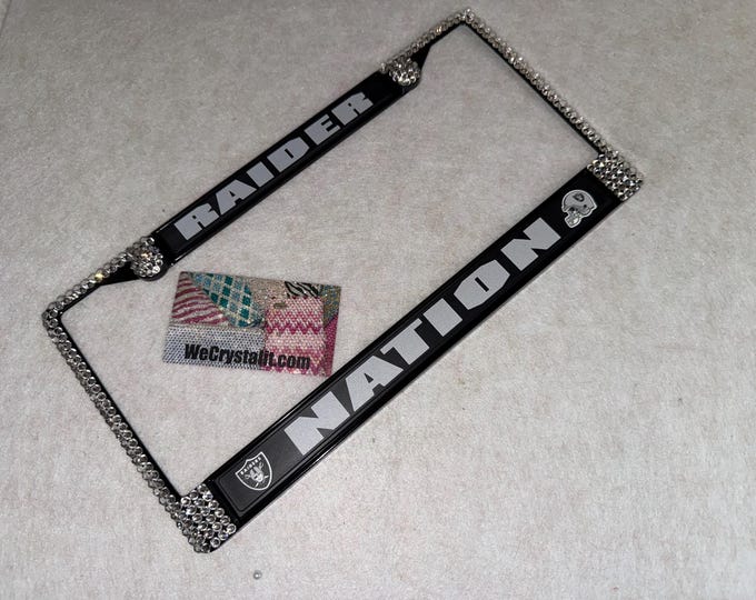 Las Vegas Raiders Nation License Jet Black Crystal Sport  Frame Sparkle Auto Bling Rhinestone Plate Frame with Swarovski Crystals  by Wecrys