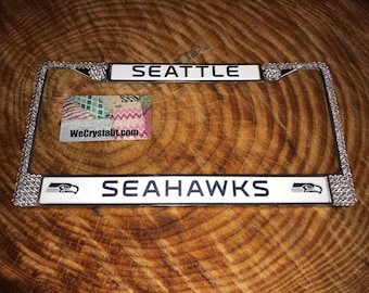 Seattle Seahawks Football License Crystal Sport Silver Frame Sparkle Auto Bling Rhinestone Plate Frame with Swarovski Elements