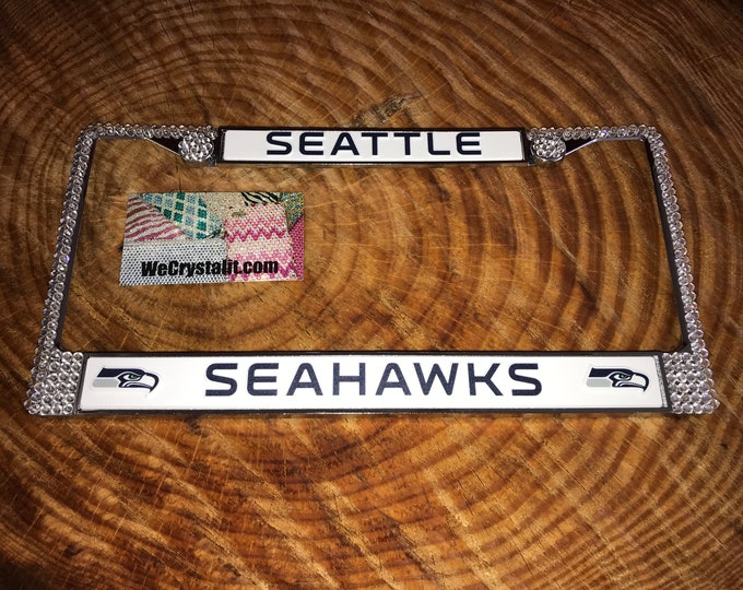 Seattle Seahawks Football License Crystal Sport Silver Frame Sparkle Auto Bling Rhinestone Plate Frame with Swarovski Elements