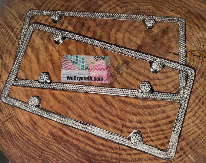 Set 2  Clear on Silver Frame 2 & 3 Row Crystal Sparkle Auto Bling Rhinestone License Plate Frame with Swarovski Elements Made by WeCrystalIt