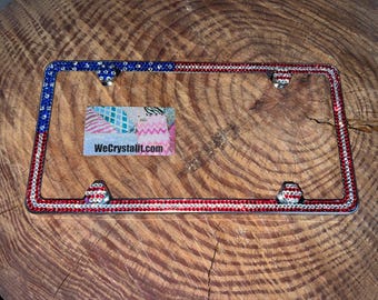 American Flag Crystal Sparkle Auto Bling Rhinestone License Plate Frame with Swarovski Elements Made by WeCrystalIt