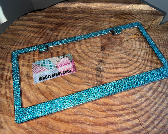 Aquamarine teal blue Crystals Bumpie Diamond on Silver Frame Crystal Sparkle Auto Bling Rhinestone  License Plate Frame Made by WeCrystalIt