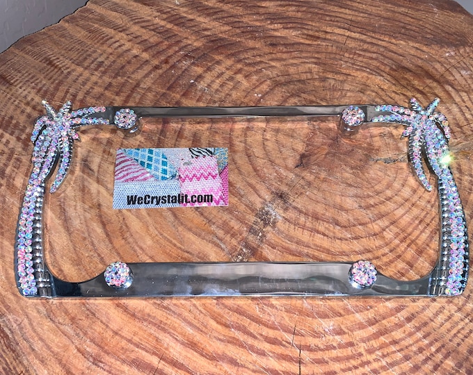 Crystal AB Color Palm Tree Sides Only one 1 Clear Crystal Sparkle Auto Bling Rhinestone License Plate Frame Made by WeCrystalIt