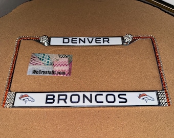 Denver Broncos orange Football License Crystal Sport Silver Frame Sparkle Auto Bling Rhinestone Plate Frame with Swarovski Elements Made by