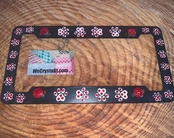Dog Puppy Cat paw Paws Red Crystal Sparkle Auto Bling Rhinestone License Plate Frame with Swarovski Elements Made by WeCrystalIt